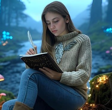 Image of a girl writing in a book in a fantasy setting