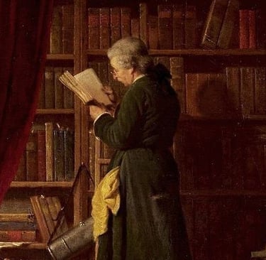 A painting of an aristocrat man reading a book in a library