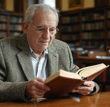 An elderly man reading a book in a public library
