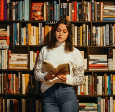A woman reading a book in front of a library bookshelf