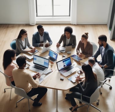 A team brainstorming ideas with colorful sticky notes on a whiteboard.