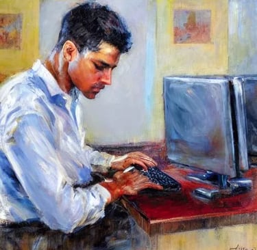 Substack’s AI image generator created a “person programming on a computer” image in painting style