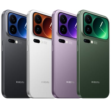 Novos celulares Xiaomi 17 Pro Max nas cores Black, White, Purple e Green.
