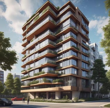 A modern multi-story glass building with balconies extends along an urban street, displaying a sign about upcoming condominium availability. Several people are walking on the adjacent sidewalk, some with dogs, and new construction seems underway. The sky is partly cloudy, and surrounding buildings indicate a dense city setting.