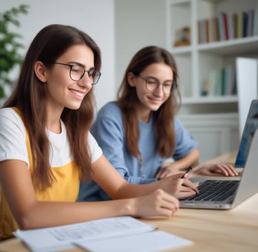 A classroom scene featuring a group of students sitting at desks. Some students are writing, while others are posing and looking towards the camera. The room is equipped with desks, papers, and a blackboard displaying various images and scripts. Windows are visible in the background, letting natural light in.