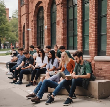 A large group of students seated outdoors in a courtyard area, all wearing matching blue and white uniforms. A small speaker is placed on a table towards the front. The background shows a raised building with visible classrooms and balconies, where more students can be seen observing the event. Lush green plants are scattered around the area.