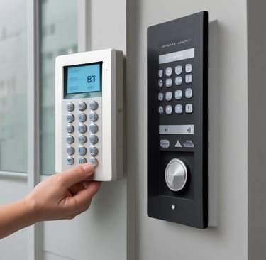 A friendly receptionist answering an intercom at a secure building entrance.