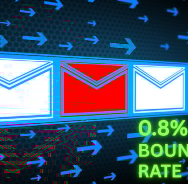 Futuristic email conveyor showing 0.8% bounce rate and delivered emails