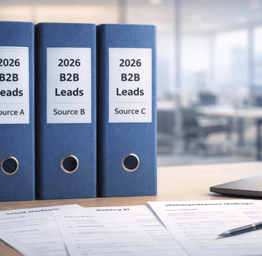 Three binders labeled 2026 B2B Leads Source A, B, and C on office table