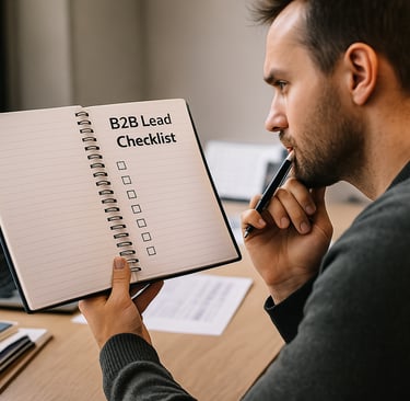 a founder holding a notebook with a check list for B2B Leads
