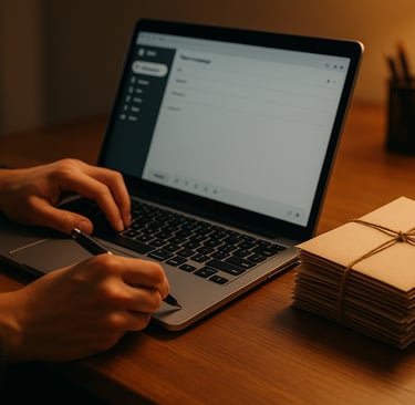 a laptop on one side and a stack of handwritten letters on the other