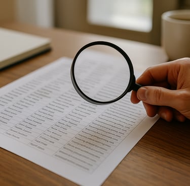 A person holding a magnifying glass to check a lead list