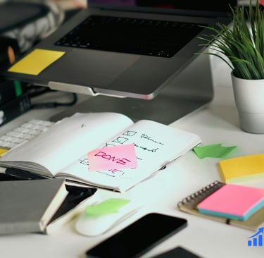 a table with a notebook open with checklist and a note done