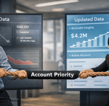 Two professionals pulling account priority between outdated and updated data
