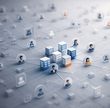 3D visualization illustrating precise B2B targeting with aligned company and role clusters