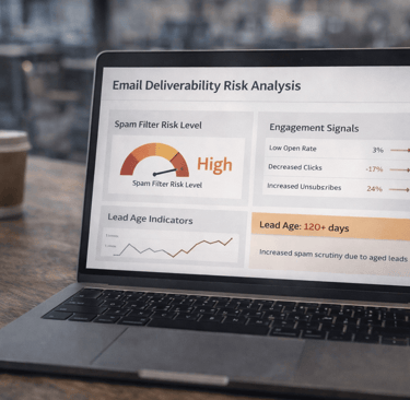 Laptop showing spam filter analytics for aged email leads
