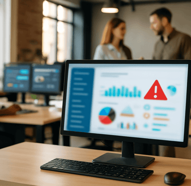 Analytics dashboard showing warning indicators in a modern marketing agency office.