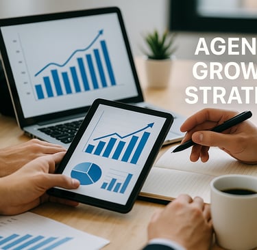 Hands reviewing rising outreach metrics on a laptop for agency scaling