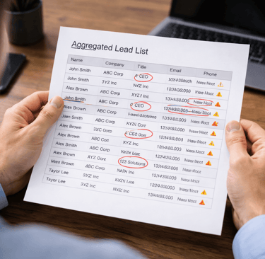 Founder reviewing an aggregated lead list with highlighted errors