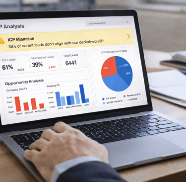 Founder’s hand on laptop keyboard reviewing ICP analysis dashboard