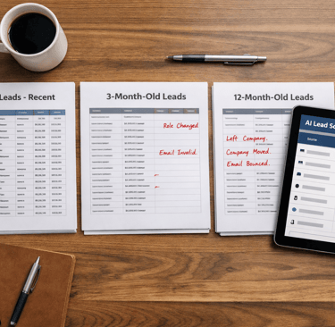 AI lead scoring dashboard beside aged B2B lead lists showing outdated contact data