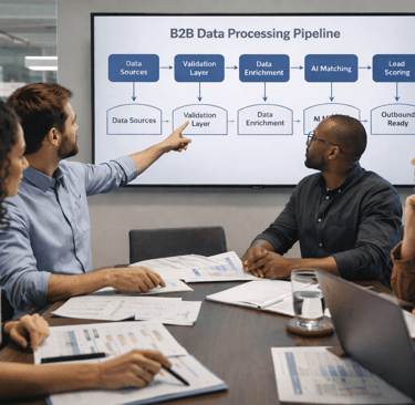 Team reviewing AI B2B data processing pipeline on office screen