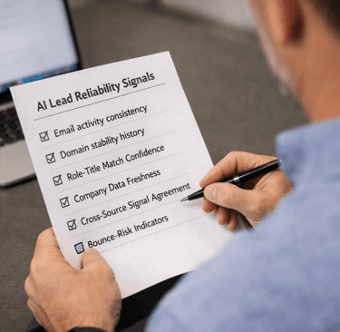 Founder reviewing an AI lead reliability checklist on a desk