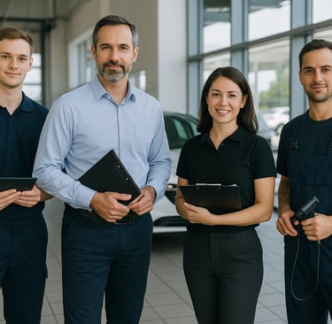 Automotive professionals posing inside a modern car service center.
