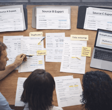 Team reviewing B2B lead lists and deduplication process on laptop