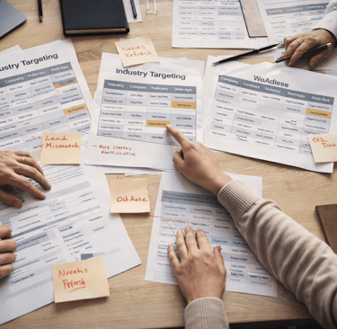 SDR team reviewing B2B industry targeting sheets with outdated data notes