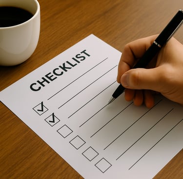 Hand checking a blank checklist on a desk for B2B lead buying