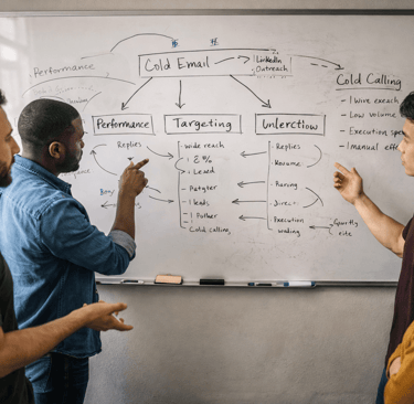 Team comparing B2B lead generation channels on whiteboard in office