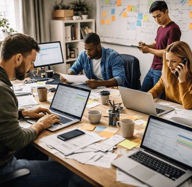 Startup team working on messy B2B lead generation with spreadsheets and notes