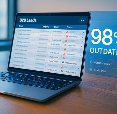 Laptop showing outdated B2B leads with a 98% outdated warning overlay
