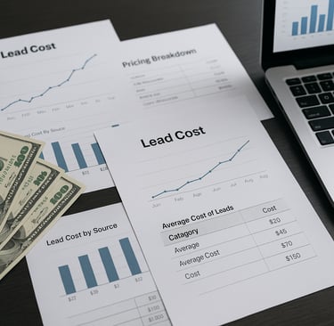 B2B lead cost papers with dollar bills on a desk