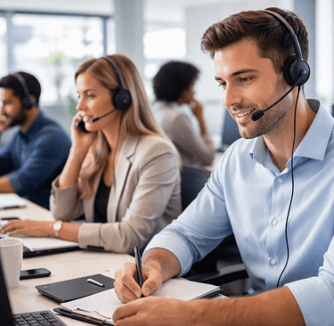 B2B sales team making outbound phone calls in a modern office environment