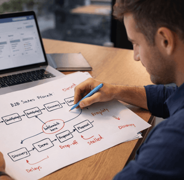 Founder reviewing B2B sales flowchart with bottlenecks