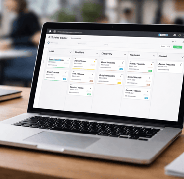 Laptop showing B2B sales pipeline stages in CRM