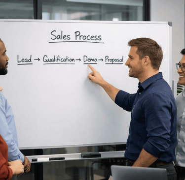 B2B sales process steps on whiteboard in office