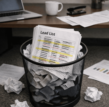 Printed lead list thrown in an office trash bin showing operational waste caused by bad data