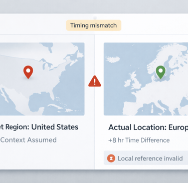 Split-screen map showing assumed vs actual location causing personalization failure