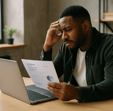 Frustrated founder reviewing inaccurate email results on laptop.