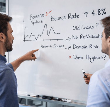 Two founders reviewing bounce rate spikes and data hygiene issues on a whiteboard
