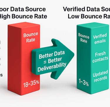 3D infographic comparing high bounce rates from poor data with low bounce rates from verified data