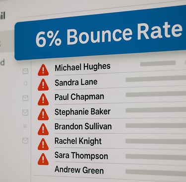 Email inbox showing bounce alerts and a 6% bounce rate