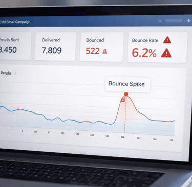 Cold email campaign dashboard showing a high bounce rate spike