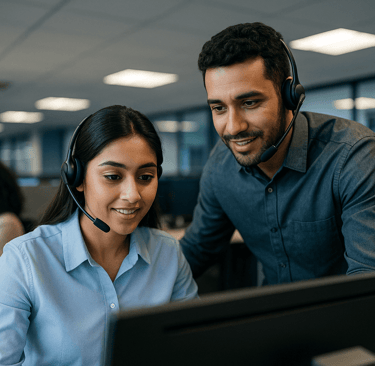 BPO agents collaborating with headsets in a modern call center