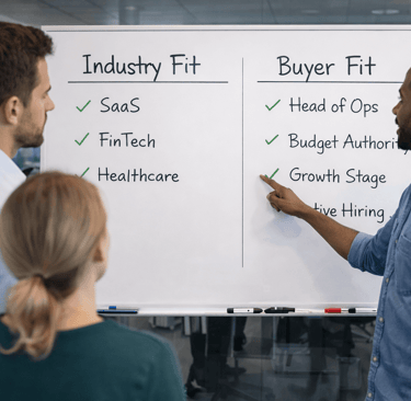 SDR team discussing buyer fit versus industry fit strategy on whiteboard