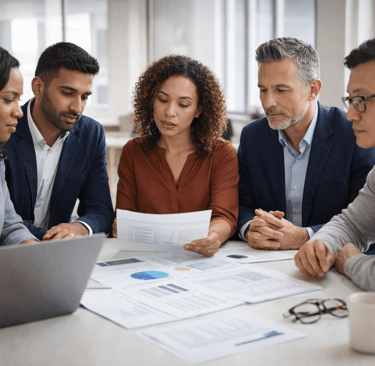 Diverse B2B buying committee reviewing documents together in a meeting