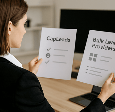 Woman comparing CapLeads and bulk data providers while holding two comparison sheets.